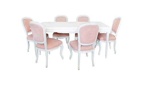 Bộ bàn ăn Victoria + 6 ghế vải hồng